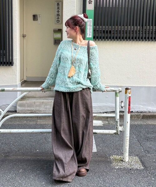 CIAOPANIC(チャオパニック)の「スラブボーダー透かし編みニット(ニット/セーター・レディース・ミント/バーガンディー/アイボリー・ONE SIZE)」の19枚目の写真