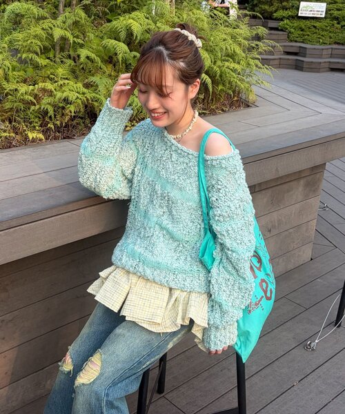 CIAOPANIC(チャオパニック)の「スラブボーダー透かし編みニット(ニット/セーター・レディース・ミント/バーガンディー/アイボリー・ONE SIZE)」の20枚目の写真