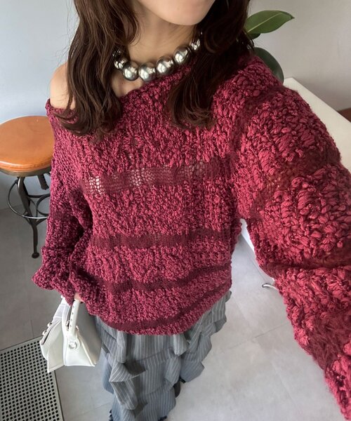 CIAOPANIC(チャオパニック)の「スラブボーダー透かし編みニット(ニット/セーター・レディース・ミント/バーガンディー/アイボリー・ONE SIZE)」の22枚目の写真