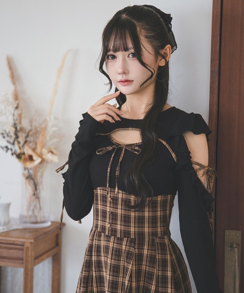 夢展望(ユメテンボウ)の「デコルテオープンドッキングワンピース【大きいサイズあり】(ワンピース・レディース・ブラウン/ブラック・LL~3L/L~LL/M-L)」の14枚目の写真