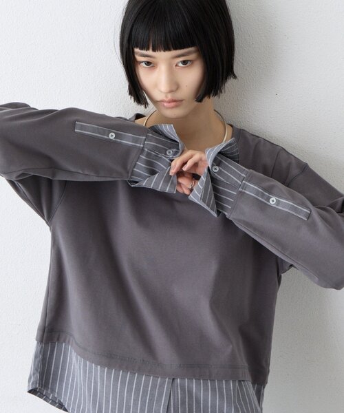 CIAOPANIC TYPY(チャオパニックティピー)の「∴シャツドッキングロンTee(Tシャツ/カットソー・レディース・オフホワイト/ブラウン/チャコールグレー・ONE SIZE)」の2枚目の写真