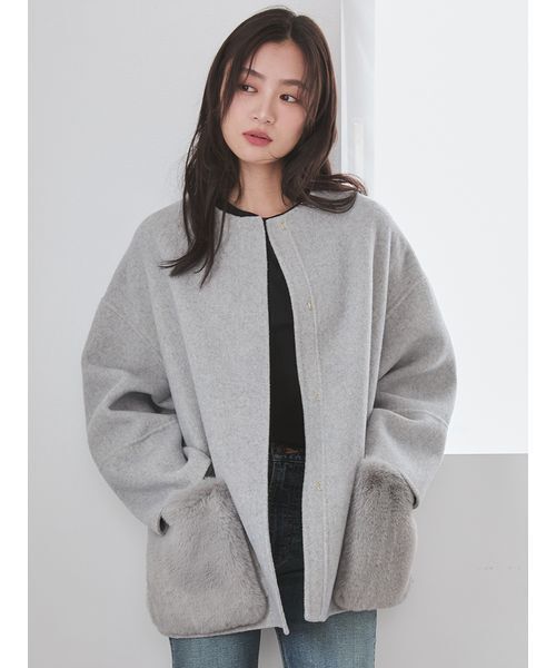Mila Owen(ミラオーウェン)の「2WAYファーポケットリバーコート(ノーカラージャケット・レディース・チェック/アイボリー/ピンク/チャコールグレー・0/1)」の7枚目の写真
