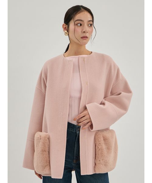 Mila Owen(ミラオーウェン)の「2WAYファーポケットリバーコート(ノーカラージャケット・レディース・チェック/アイボリー/ピンク/チャコールグレー・0/1)」の13枚目の写真