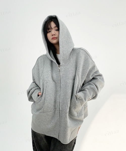 Dalfwin（ダールフィン）の「フェイクレザーラベル付きビッグポケット曲線ステッチジップアップパーカー（Tシャツ/カットソー・レディース・ブラック/グレー・FREE）」の22枚目の写真