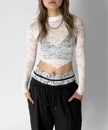 【jiasecond.】プチネックレーストップス / トップス 長袖 コンパクト クロップド レース プチネック ホワイト ピンク ブラック ZOZOTOWN限定
