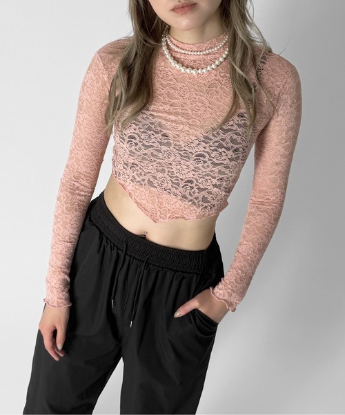 jiasecond.（ジアセカンド）の「【jiasecond.】プチネックレーストップス / トップス 長袖 コンパクト クロップド レース プチネック ホワイト ピンク ブラック ZOZOTOWN限定（その他トップス・レディース・ピンク/ブラック/ホワイト・FREE）」の3枚目の写真