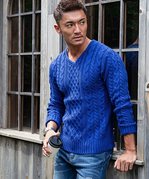 DSQUARED 2 リブ編みブルー系長袖ニットセーター