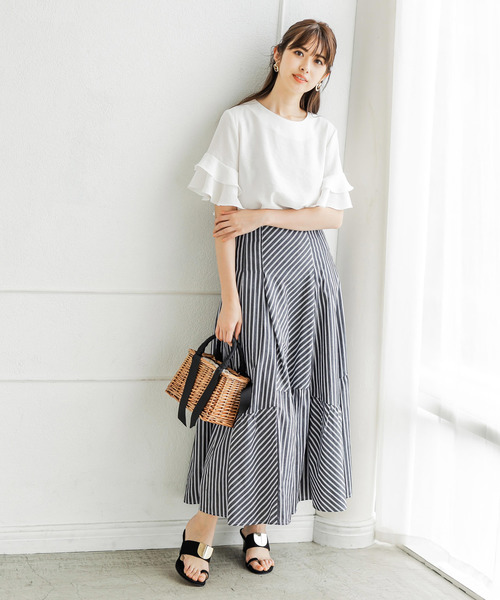 Cookie Chocolate（クッキーチョコレート）の「ストライプ切替マキシスカート（スカート・レディース・ブラック/ブルー・FREE）」の3枚目の写真