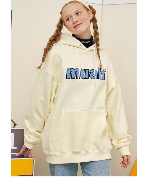 muahmuah(ムーアムーア)の「コンビカラーロゴプルオーバーパーカー/フーディー(パーカー・レディース・ブラック/アイボリー/グレー/ピンク・FREE)」の6枚目の写真
