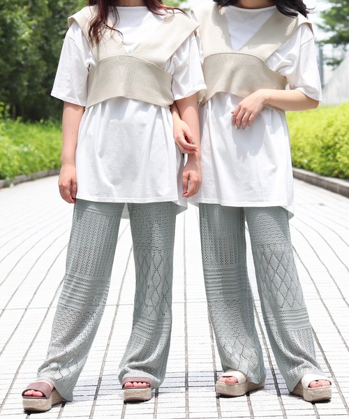 PairPair（ペアペア）の「透かし編みニットパンツ（その他パンツ・レディース・ブルーグレー/オフホワイト・FREE）」の8枚目の写真
