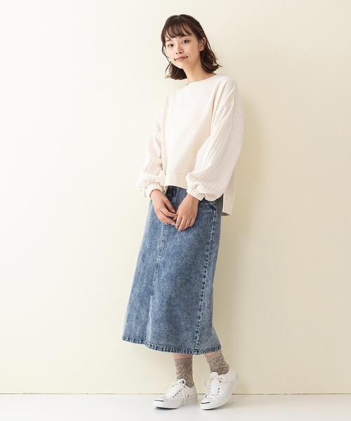 INNOCENT BLUE（イノセントブルー）の「【innocent blue/イノセントブルー】異素材　袖ボリュームプルオーバー 袖ケーブル編み 前後差　サイドスリット（Tシャツ/カットソー・レディース・アイボリー/ブラウン/ライトベージュ/グリーン/ブラック・MEDIUM）」の12枚目の写真