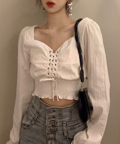 yuue' ( wear )（ユーイ）の「コットン100% フロントアミコミリボンブラウス（シャツ/ブラウス・レディース・ホワイト/ブラック・FREE）」の2枚目の写真