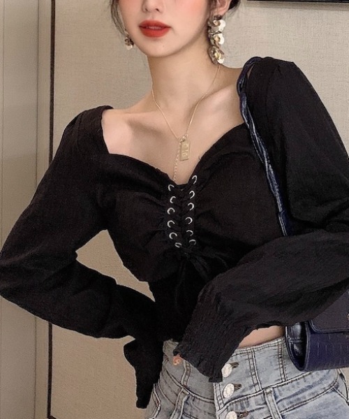 yuue' ( wear )（ユーイ）の「コットン100% フロントアミコミリボンブラウス（シャツ/ブラウス・レディース・ホワイト/ブラック・FREE）」の3枚目の写真