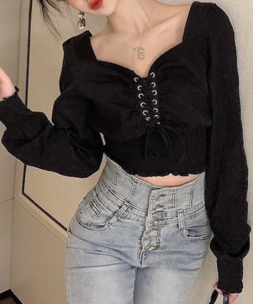 yuue' ( wear )（ユーイ）の「コットン100% フロントアミコミリボンブラウス（シャツ/ブラウス・レディース・ホワイト/ブラック・FREE）」の4枚目の写真