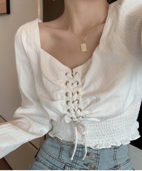 yuue' ( wear )（ユーイ）の「コットン100% フロントアミコミリボンブラウス（シャツ/ブラウス・レディース・ホワイト/ブラック・FREE）」の7枚目の写真