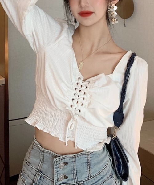 yuue' ( wear )（ユーイ）の「コットン100% フロントアミコミリボンブラウス（シャツ/ブラウス・レディース・ホワイト/ブラック・FREE）」の8枚目の写真