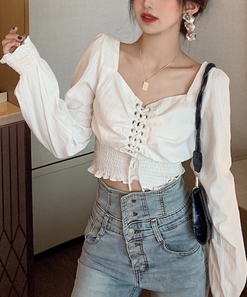 yuue' ( wear )（ユーイ）の「コットン100% フロントアミコミリボンブラウス（シャツ/ブラウス・レディース・ホワイト/ブラック・FREE）」の9枚目の写真