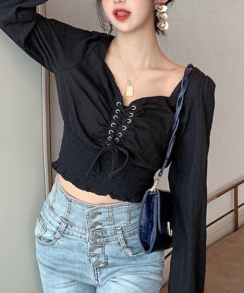 yuue' ( wear )（ユーイ）の「コットン100% フロントアミコミリボンブラウス（シャツ/ブラウス・レディース・ホワイト/ブラック・FREE）」の13枚目の写真