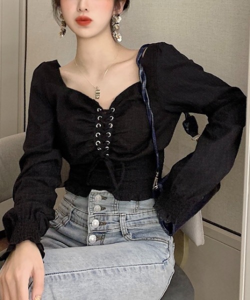 yuue' ( wear )（ユーイ）の「コットン100% フロントアミコミリボンブラウス（シャツ/ブラウス・レディース・ホワイト/ブラック・FREE）」の15枚目の写真