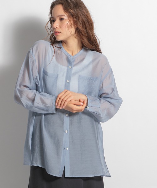 niko and...(ニコアンド)の「シアーバンドカラーシャツ(シャツ/ブラウス・レディース・ブラック/オレンジ/ブルー/アイボリー/ナチュラル/ダークブルー/グリーン・FREE)」の6枚目の写真