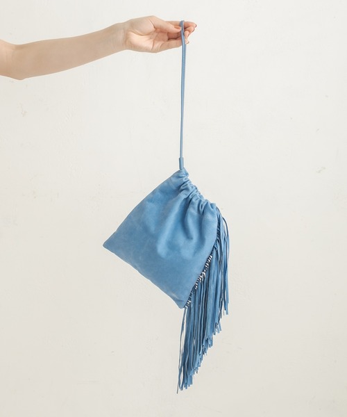 CAPRICIEUX LE'MAGE（カプリシューレマージュ）の「スエードフリンジ巾着バッグ（ショルダーバッグ・レディース・ピンク/ブルー/イエロー/ベージュ・FREE）」の11枚目の写真