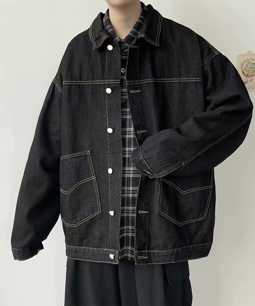 美品　OVER SIZEデニムジャケット　ブラック セール】ビッグポケットオーバーサイズ デニムカバーオールジャケット