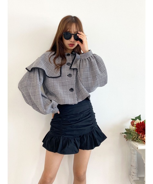 Honey Salon（ハニーサロン）の「チェック柄ボリュームスリーブビッグカラージャケット（その他アウター・レディース・ブラック系その他3・FREE）」の8枚目の写真