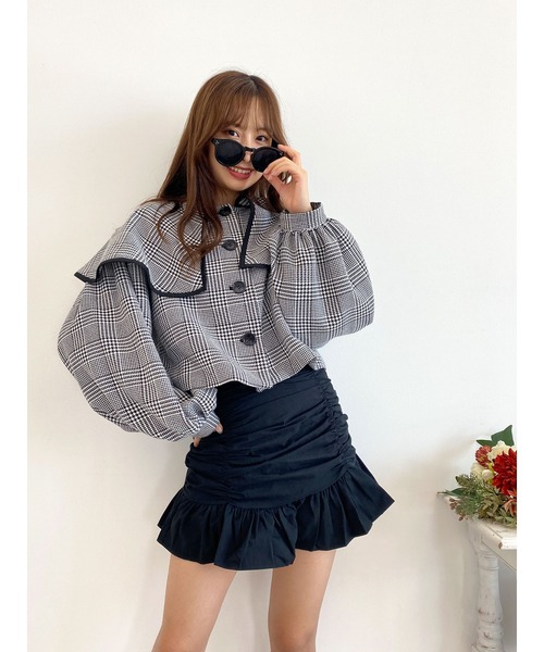 Honey Salon（ハニーサロン）の「チェック柄ボリュームスリーブビッグカラージャケット（その他アウター・レディース・ブラック系その他3・FREE）」の9枚目の写真