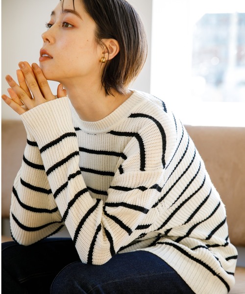 koe(コエ)の「リサイクルポリエステル 畦編みクルーネックニット*(ニット/セーター・レディース・アイボリー/ブラック/ホワイト系その他4/パープル/グレー系その他5/グリーン・M/S/L)」の2枚目の写真