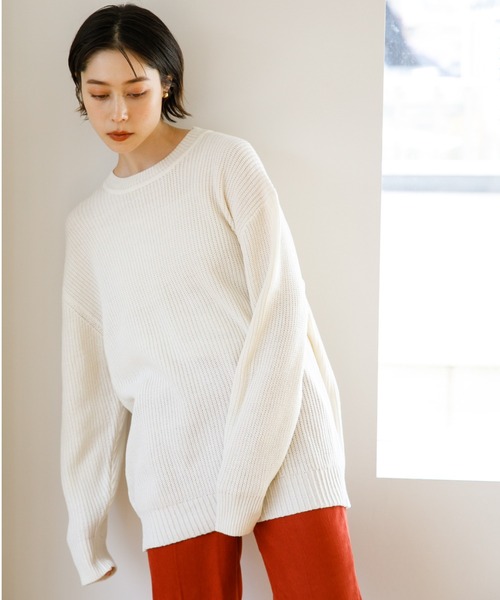 koe(コエ)の「リサイクルポリエステル 畦編みクルーネックニット*(ニット/セーター・レディース・アイボリー/ブラック/ホワイト系その他4/パープル/グレー系その他5/グリーン・M/S/L)」の1枚目の写真