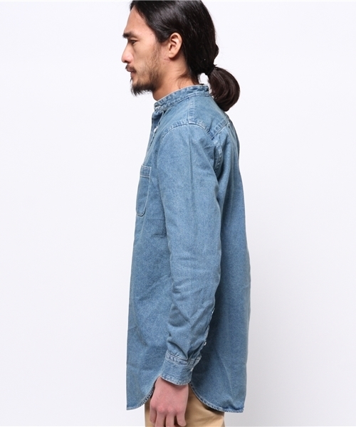 WEGO（ウィゴー）の「WEGO/バンドカラーデニムロングシャツ（シャツ/ブラウス・メンズ・インディゴブルー/ダークインディゴブルー・MEDIUM/LARGE）」の4枚目の写真