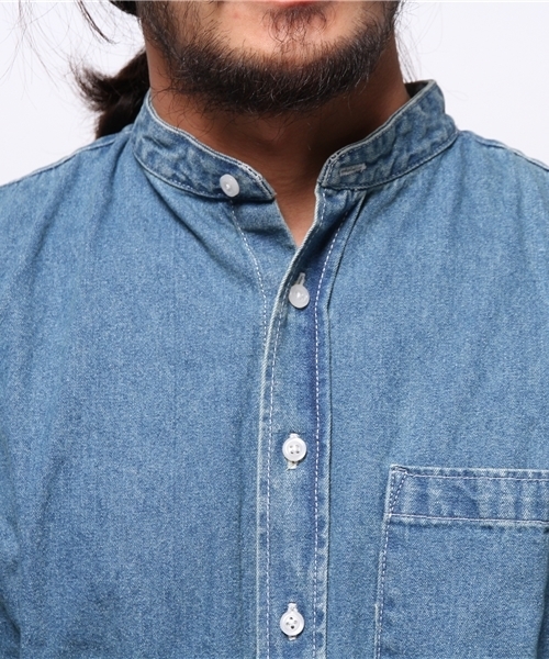 WEGO（ウィゴー）の「WEGO/バンドカラーデニムロングシャツ（シャツ/ブラウス・メンズ・インディゴブルー/ダークインディゴブルー・MEDIUM/LARGE）」の8枚目の写真