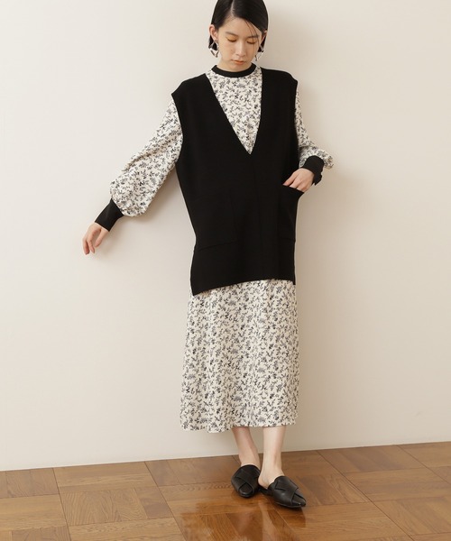 NATURAL BEAUTY BASIC（ナチュラルビューティーベーシック）の「[洗える]リーフプリントバンドカラーワンピース（ワンピース・レディース・ホワイト系その他/グレー系その他/ブルー系その他・SMALL/MEDIUM）」の14枚目の写真