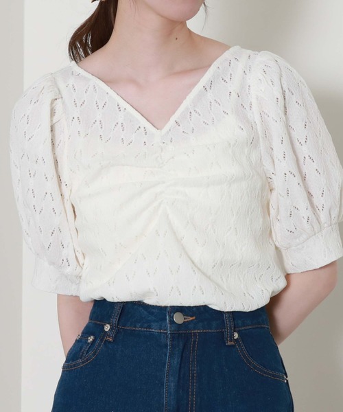 archives（アルシーヴ）の「【新色追加】フロントギャザーカットレースプルオーバー（Tシャツ/カットソー・レディース・ブラック/オレンジ/アイボリー/ブルーグレー/ブラウン・MEDIUM）」の2枚目の写真