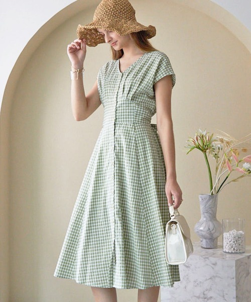 Cheek（チーク）の「Ｖネックチェックワンピース（ワンピース・レディース・ブラック/ベージュ/グリーン・MEDIUM）」の3枚目の写真