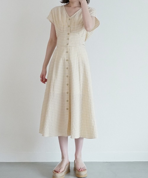 Cheek（チーク）の「Ｖネックチェックワンピース（ワンピース・レディース・ブラック/ベージュ/グリーン・MEDIUM）」の5枚目の写真