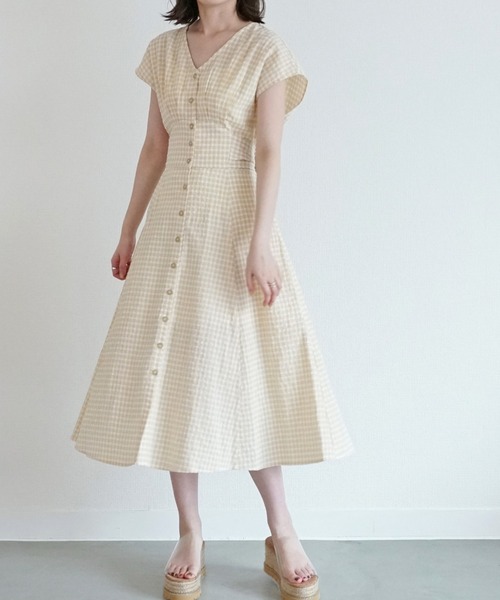 Cheek（チーク）の「Ｖネックチェックワンピース（ワンピース・レディース・ブラック/ベージュ/グリーン・MEDIUM）」の22枚目の写真