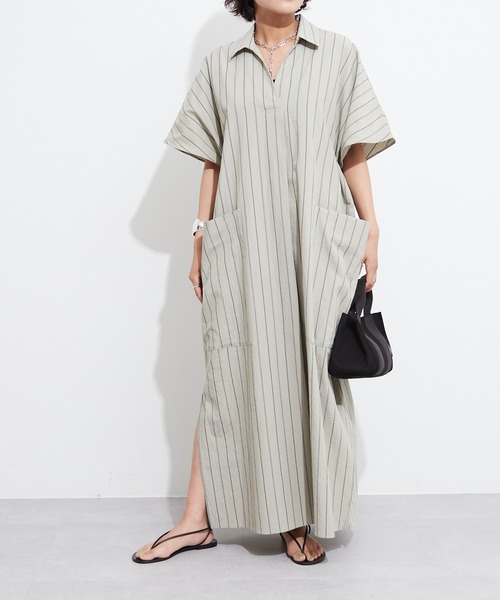 OUVRAGE CLASSE（ウヴラージュクラス）の「ストライプスキッパーポケットワンピース（シャツワンピース・レディース・ホワイト/カーキ・FREE）」の2枚目の写真