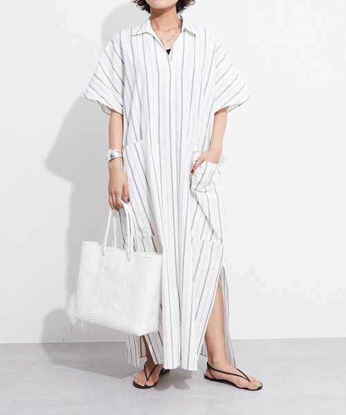 OUVRAGE CLASSE（ウヴラージュクラス）の「ストライプスキッパーポケットワンピース（シャツワンピース・レディース・ホワイト/カーキ・FREE）」の8枚目の写真