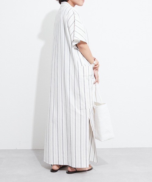 OUVRAGE CLASSE（ウヴラージュクラス）の「ストライプスキッパーポケットワンピース（シャツワンピース・レディース・ホワイト/カーキ・FREE）」の5枚目の写真