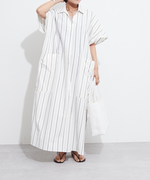 OUVRAGE CLASSE（ウヴラージュクラス）の「ストライプスキッパーポケットワンピース（シャツワンピース・レディース・ホワイト/カーキ・FREE）」の10枚目の写真