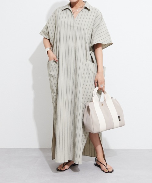 OUVRAGE CLASSE（ウヴラージュクラス）の「ストライプスキッパーポケットワンピース（シャツワンピース・レディース・ホワイト/カーキ・FREE）」の7枚目の写真