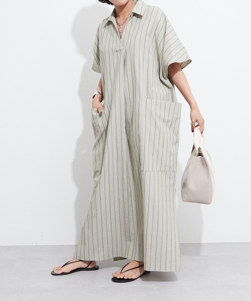 OUVRAGE CLASSE（ウヴラージュクラス）の「ストライプスキッパーポケットワンピース（シャツワンピース・レディース・ホワイト/カーキ・FREE）」の13枚目の写真