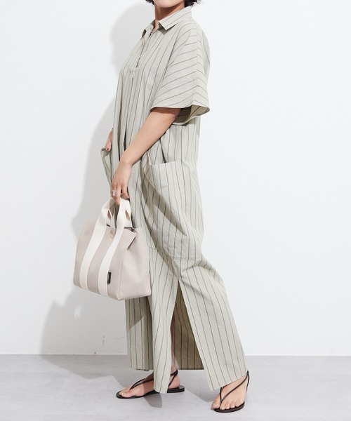 OUVRAGE CLASSE（ウヴラージュクラス）の「ストライプスキッパーポケットワンピース（シャツワンピース・レディース・ホワイト/カーキ・FREE）」の4枚目の写真
