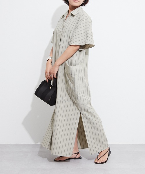 OUVRAGE CLASSE（ウヴラージュクラス）の「ストライプスキッパーポケットワンピース（シャツワンピース・レディース・ホワイト/カーキ・FREE）」の6枚目の写真