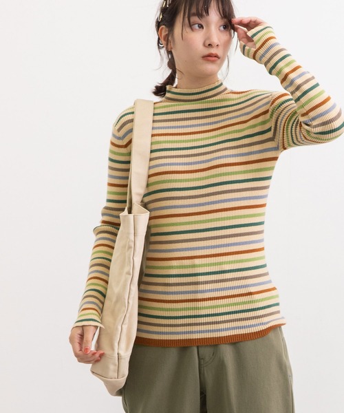 POU DOU DOU（プードゥドゥ）の「シアバターマルチボーダーハイネックニット（ニット/セーター・レディース・ブラック/ピンク/グリーン・3）」の5枚目の写真