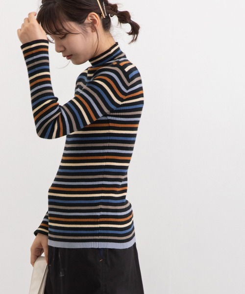 POU DOU DOU（プードゥドゥ）の「シアバターマルチボーダーハイネックニット（ニット/セーター・レディース・ブラック/ピンク/グリーン・3）」の15枚目の写真