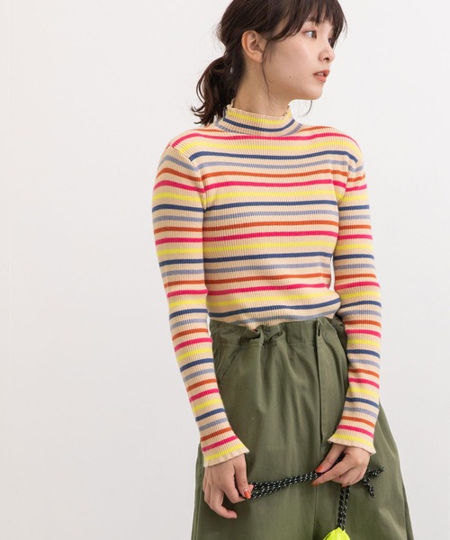 POU DOU DOU（プードゥドゥ）の「シアバターマルチボーダーハイネックニット（ニット/セーター・レディース・ブラック/ピンク/グリーン・3）」の21枚目の写真