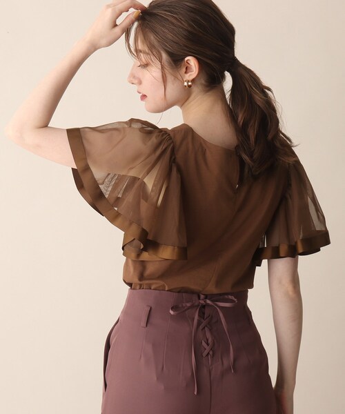 OPAQUE.CLIP（オペークドットクリップ）の「◆袖チュールドッキングカットソー（Tシャツ/カットソー・レディース・ブラック/ダークブラウン/サックスブルー・38）」の4枚目の写真