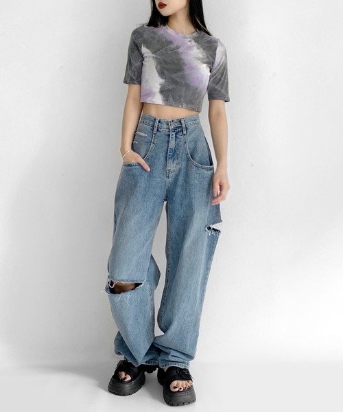 LVEU.(ラブユ.)の「Tie-dye cropped T-shirt / タイダイクロップドTシャツ(Tシャツ/カットソー・レディース・ブラック・FREE)」の2枚目の写真
